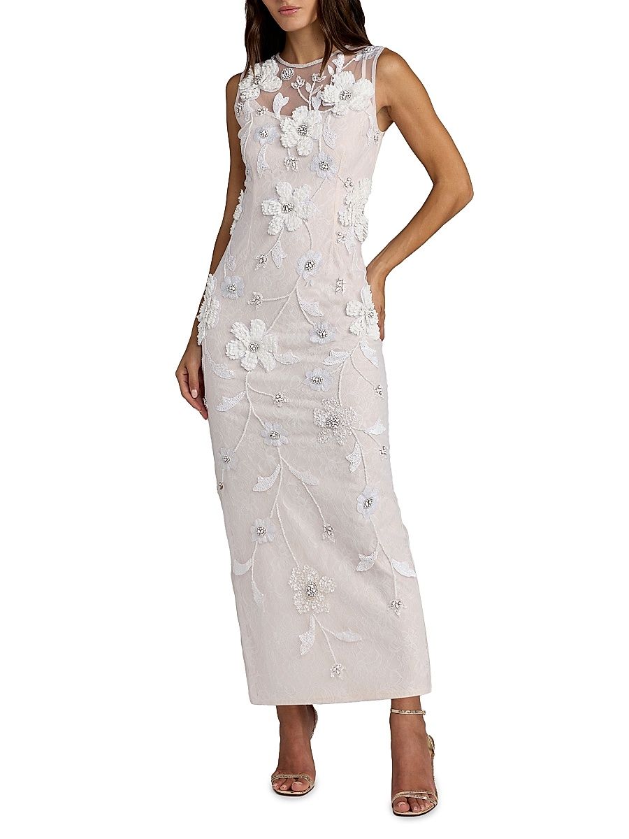 Women's Embellished Floral Lace Maxi Dress - Ivory - Size 12