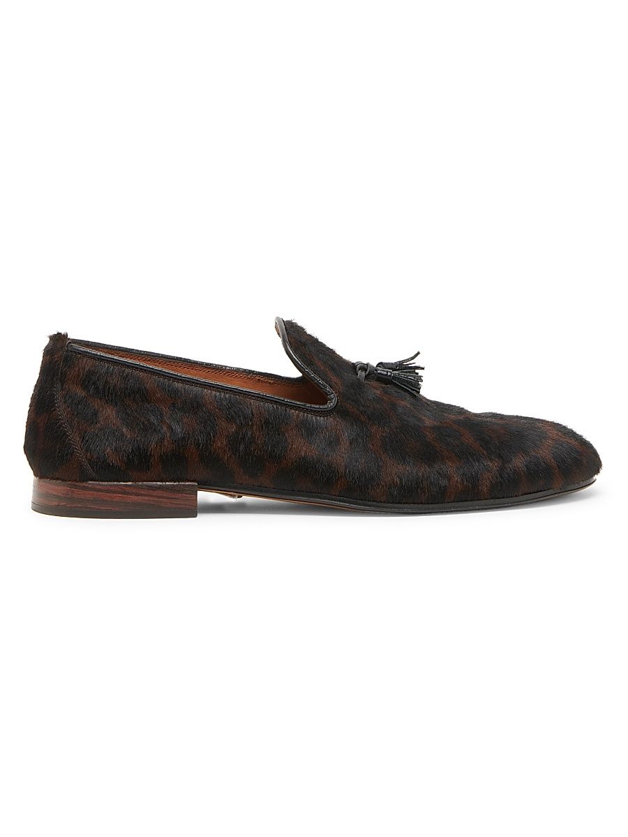 Men's Leopard-Print Calf-Hair Slippers - Chestnut Black - Size 8.5