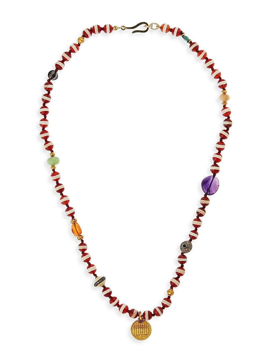 Women's Globetrotter 18K Yellow Gold, Sterling Silver & Multi-Gemstone Beaded Medallion Necklace - Brown