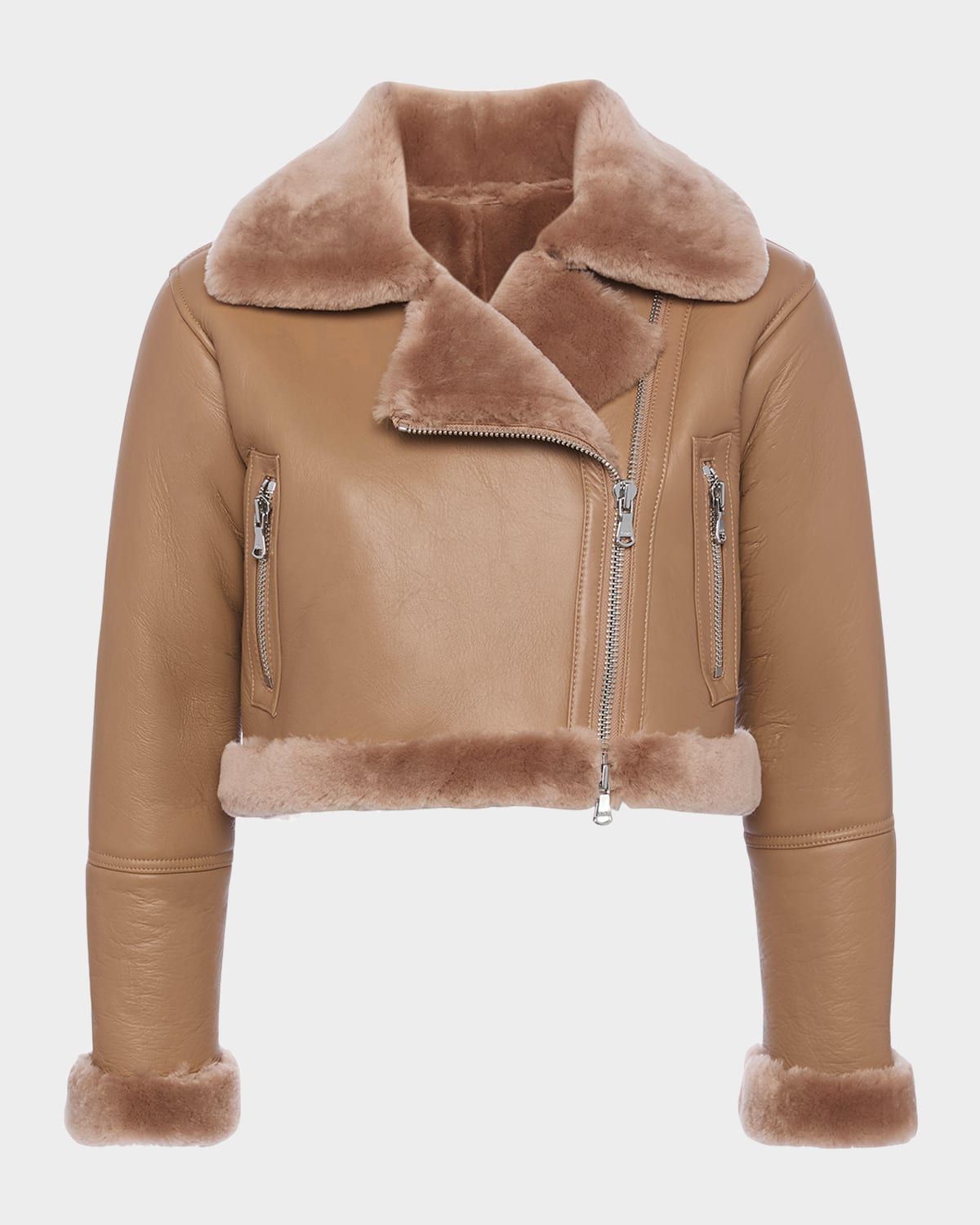 Pike Cropped Lambskin Leather Jacket with Shearling Trim