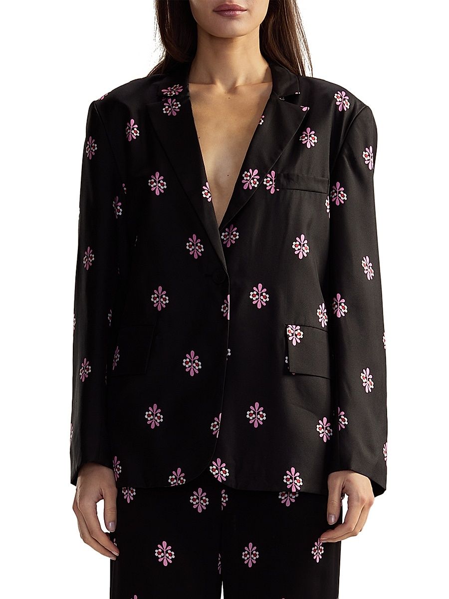 Women's Floral Silk Twill Notch-Lapel Blazer - Black Multi - Size Small
