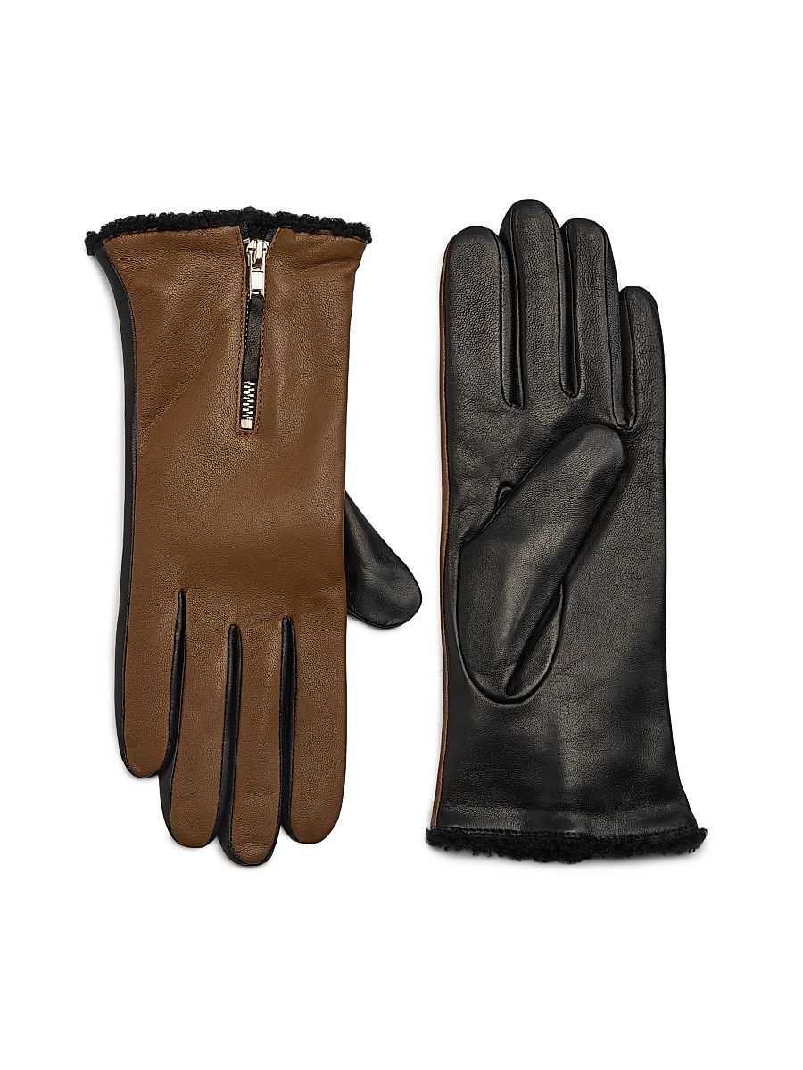 Women's Shearling-Lined Colorblocked Gloves - Luggage And Black - Size Small
