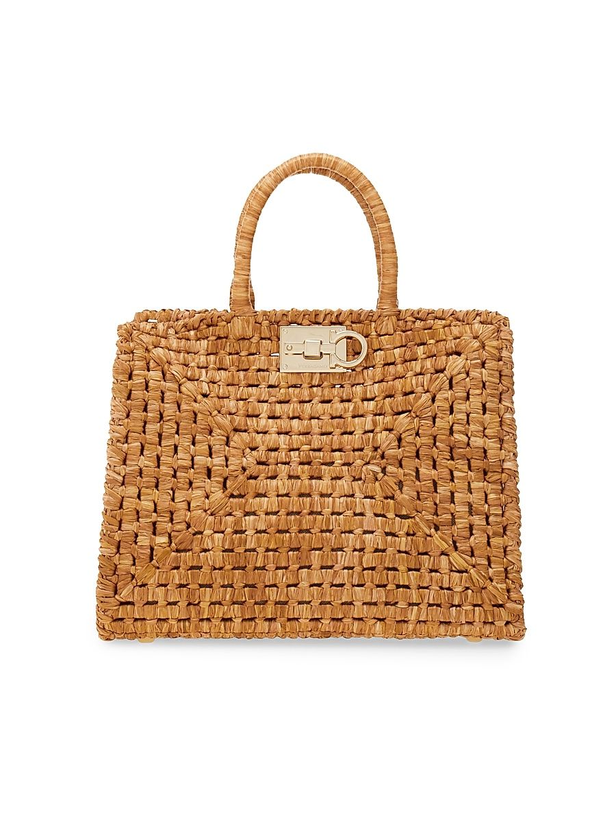 Women's Studio Box Open-Weave Raffia Top-Handle Bag - Naturale