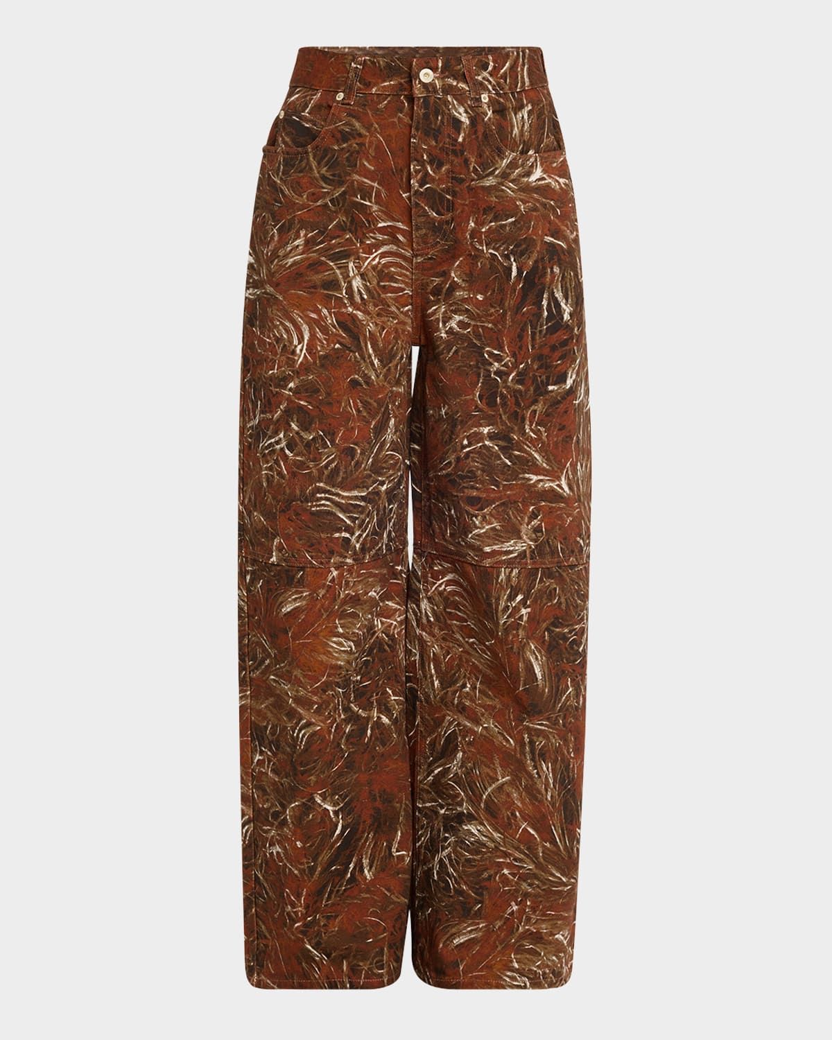 Feather Printed Denim Wide-Leg Pants