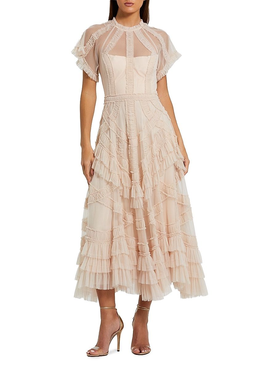 Women's Mesh Ruffle Flutter-Sleeve Midi-Dress - Blush - Size 16
