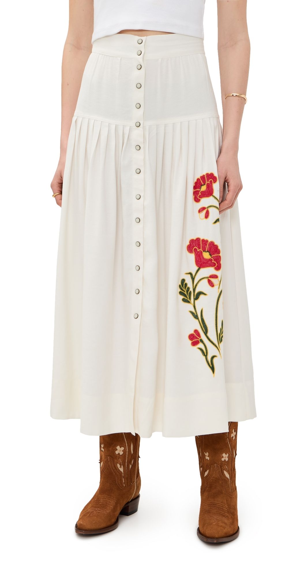 THE GREAT. THE GREAT x Stetson The Western Embroidered Highland Skirt Cream w/ Chambray Mix Multi 1