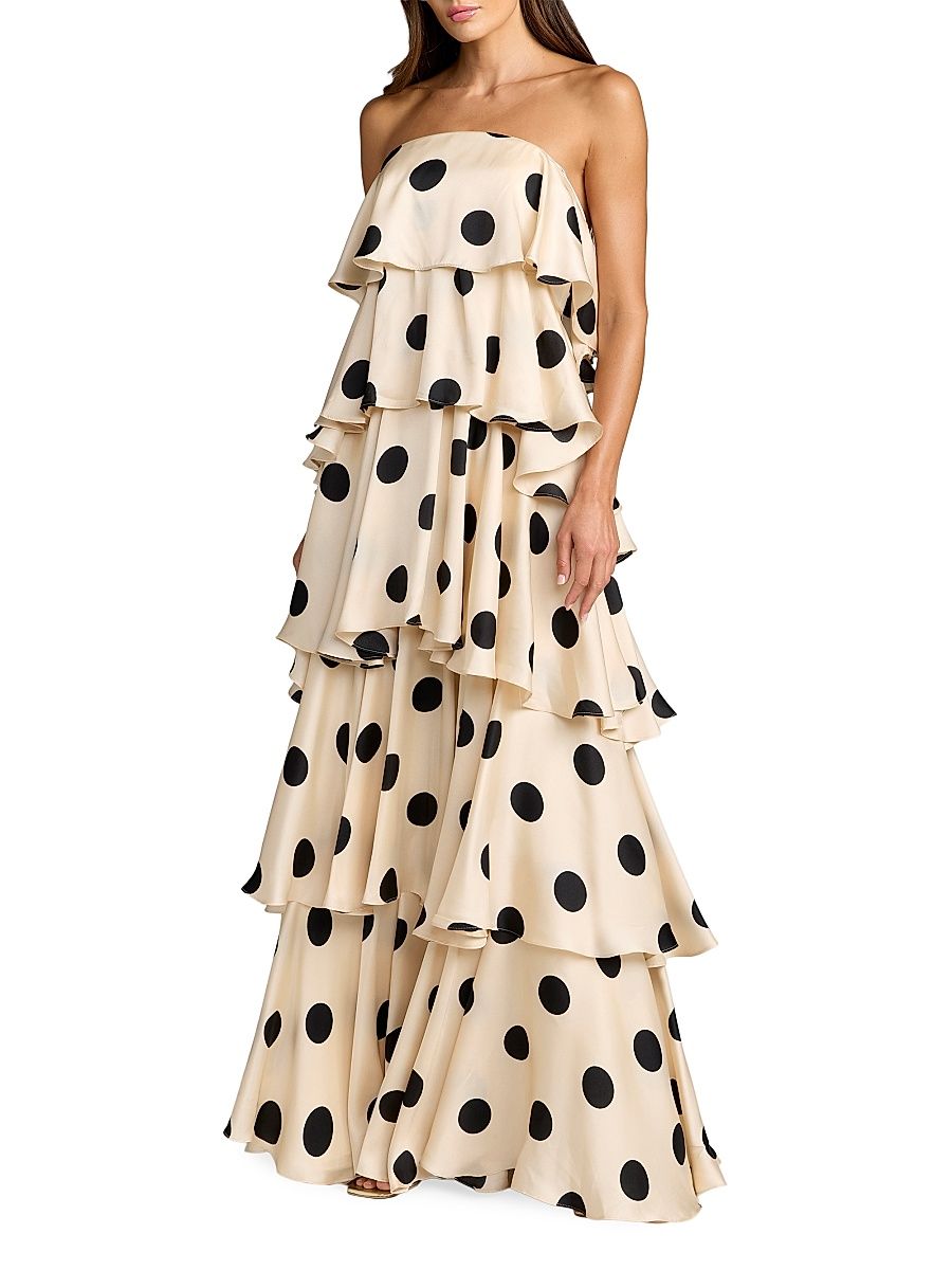 Women's Ruffled Tiered Polka Dot Charmeuse Gown - Cream Black - Size 2