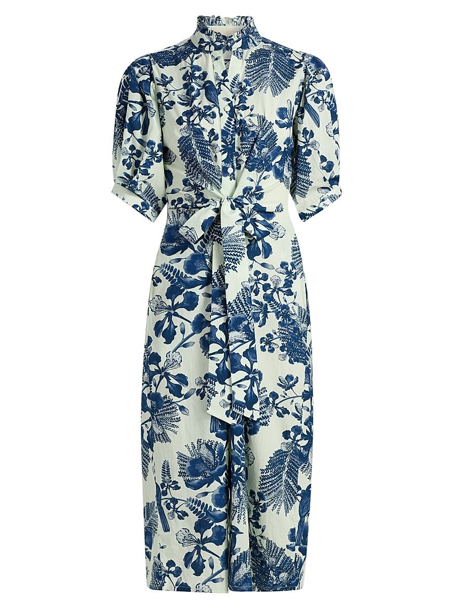 Women's Pushpanjali Floral Poplin Cotton Shirtdress - Ivory And Navy Gulmohar - Size Large