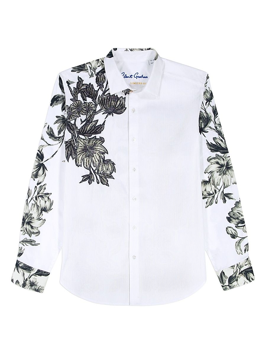 Men's Le Striped Floral Cotton Shirt - White - Size XXL