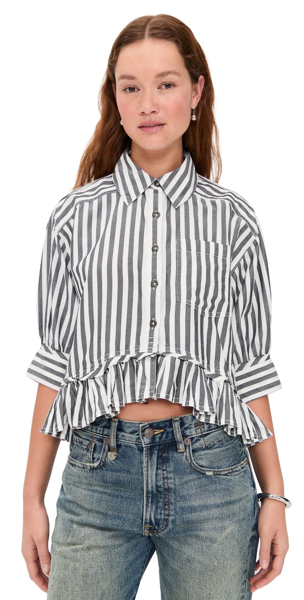 Free People Bailey Stripe Shirt Nautical Navy Combo S