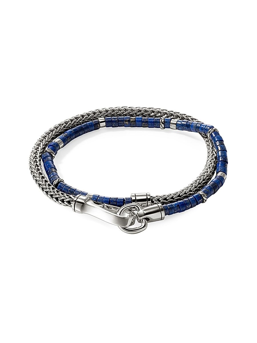Men's Heishi Sterling Silver & Lapis Lazuli Chain Double Wrap Bracelet - Silver Lapis