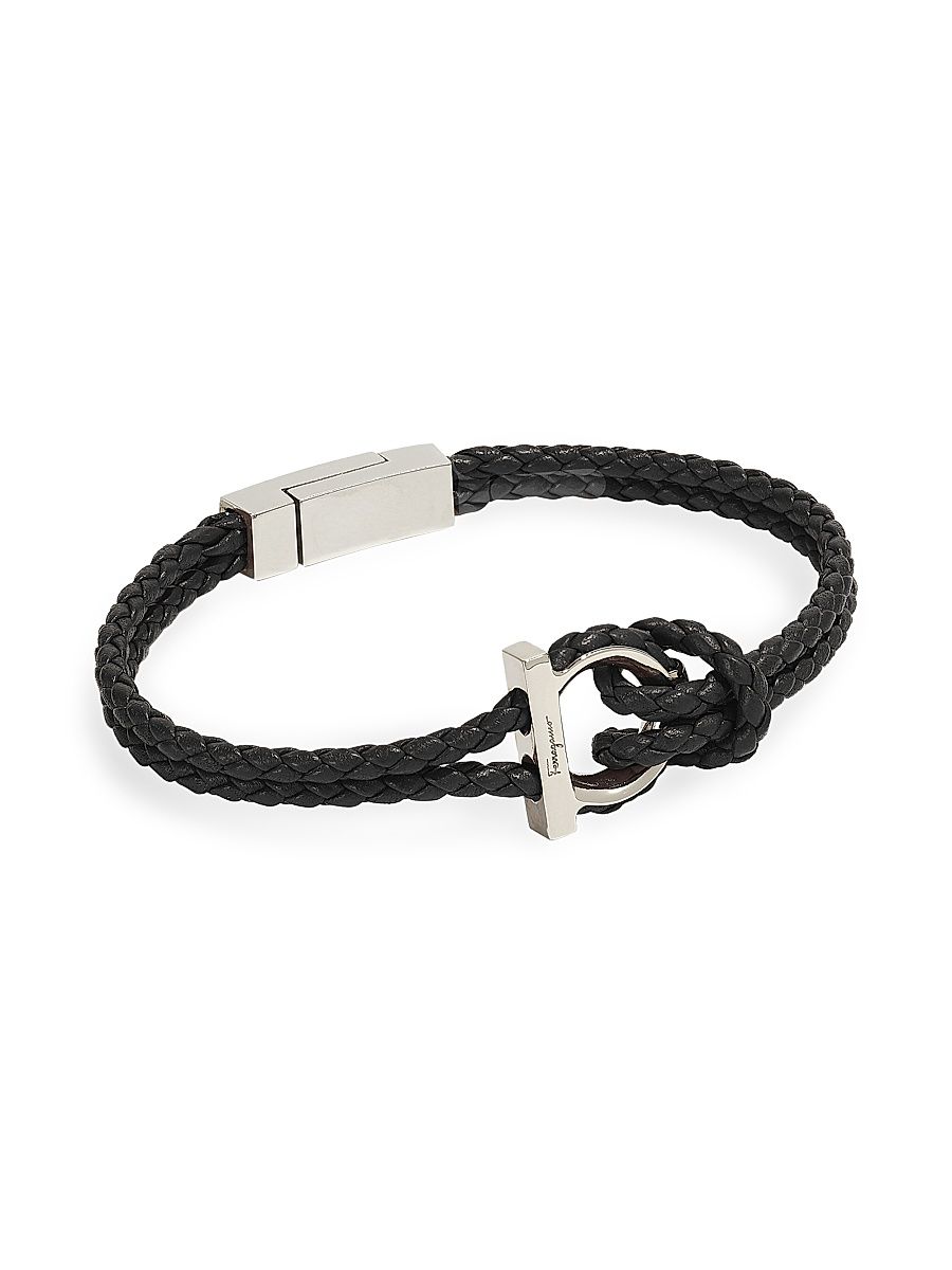 Men's Braided Leather Gancini Bracelet - Pelle Black Silver