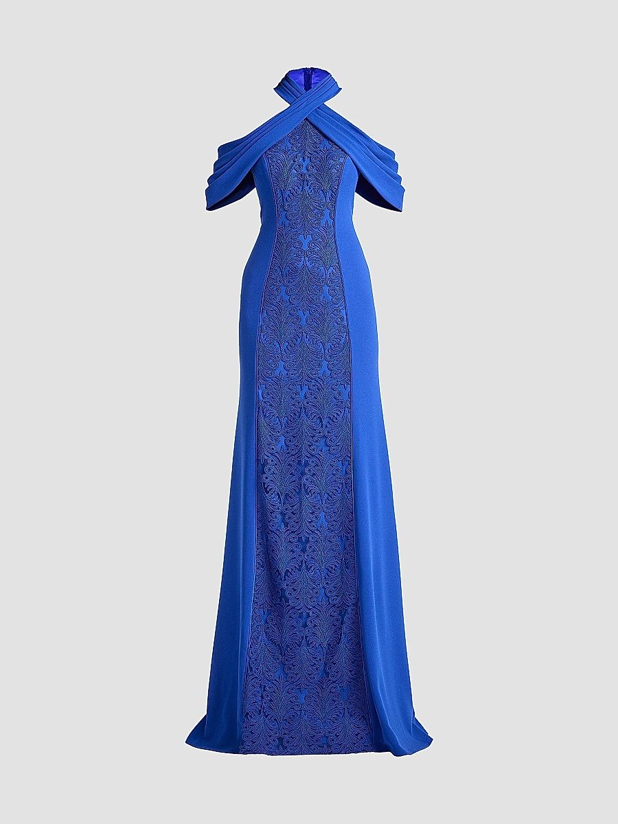 Tadashi Shoji Women's Cold-Shoulder Corded Lace Gown - Mystic Blue - Size 16