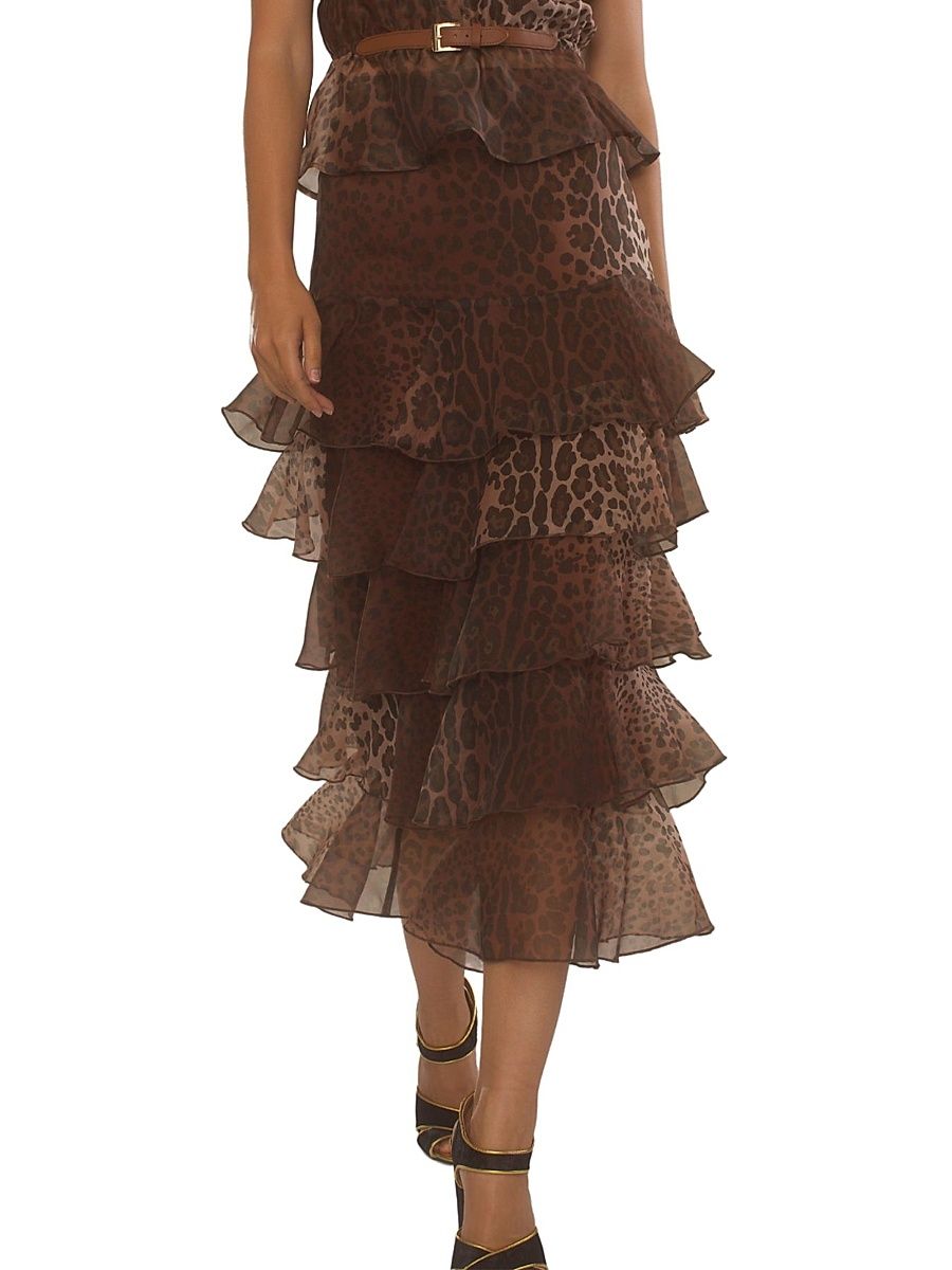 Women's Silk Organza Ruffle Midi-Skirt - Leopard - Size 2