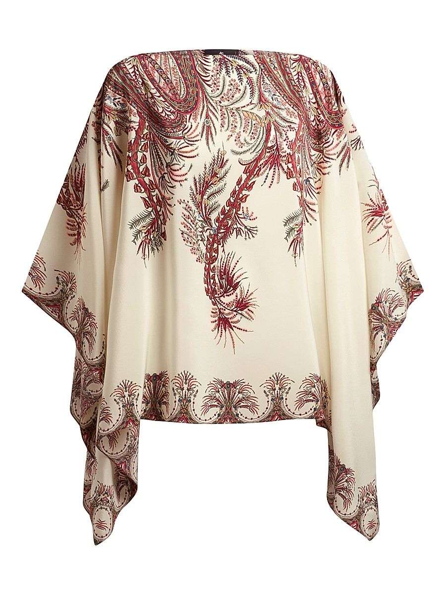 Women's Silk Printed Poncho - Off White Maroon