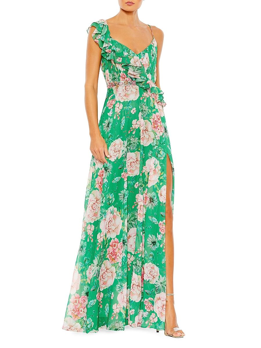 Women's Floral Ruffled Crepe Gown - Green Multi - Size 4