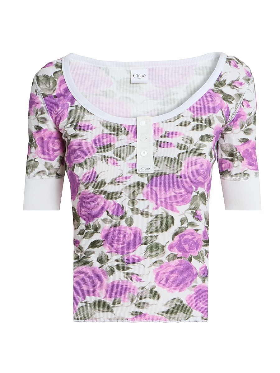 Women's Floral Stretch-Cotton Top - White Purple - Size XS