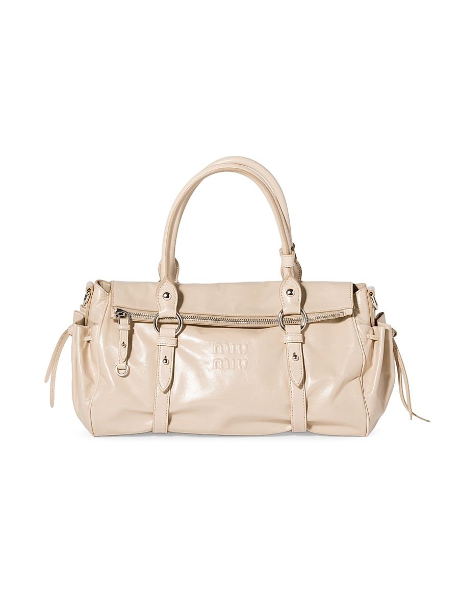 Women's Shiny Leather Top Handle Bag - Beige Khaki