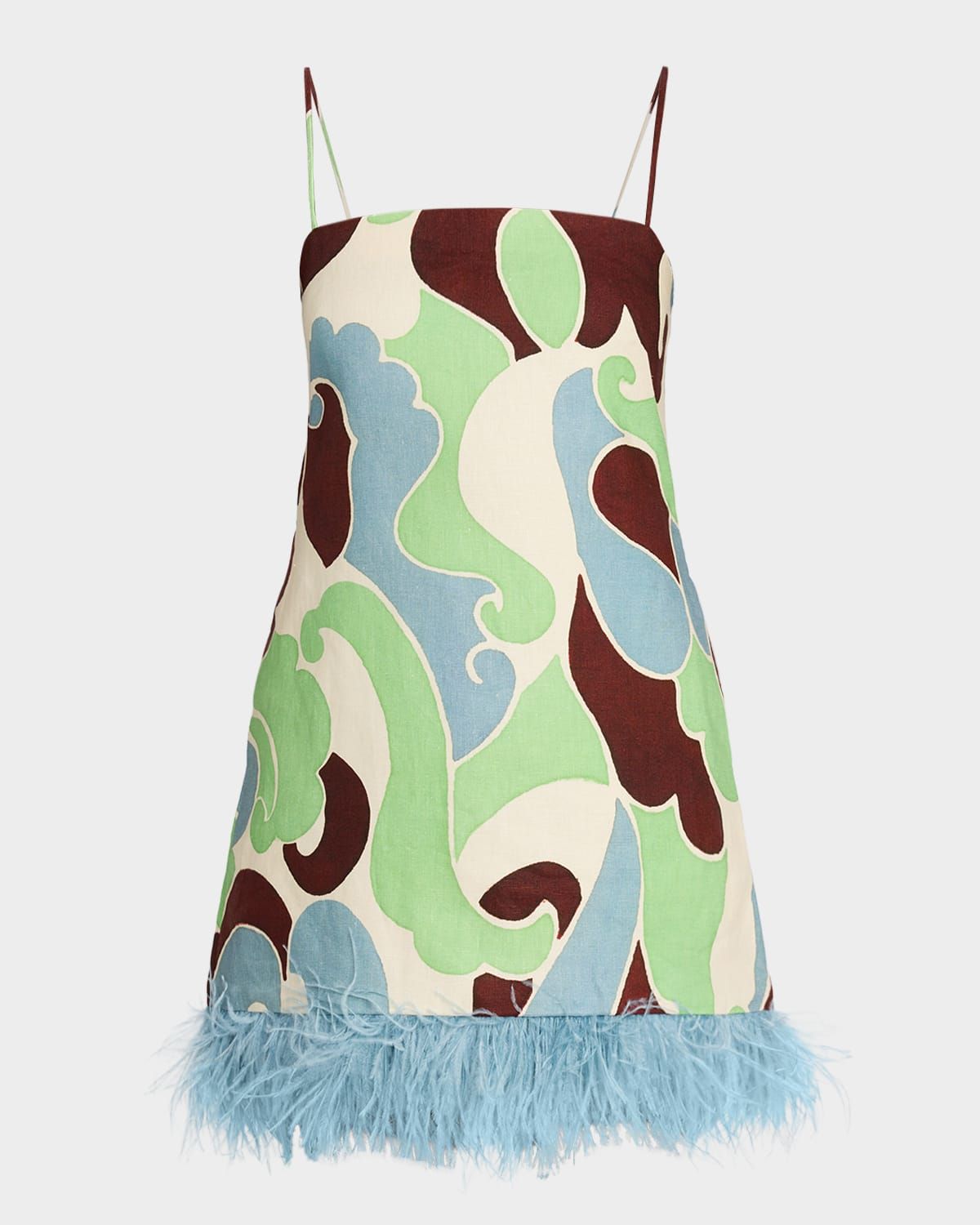 Valencia Printed Feather-Trim Mini Dress