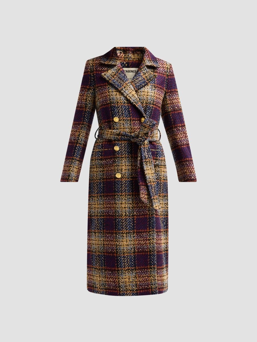 L'AGENCE Women's Kolina Plaid Tweed Long Coat - Navy Burgandy Multi - Size 0