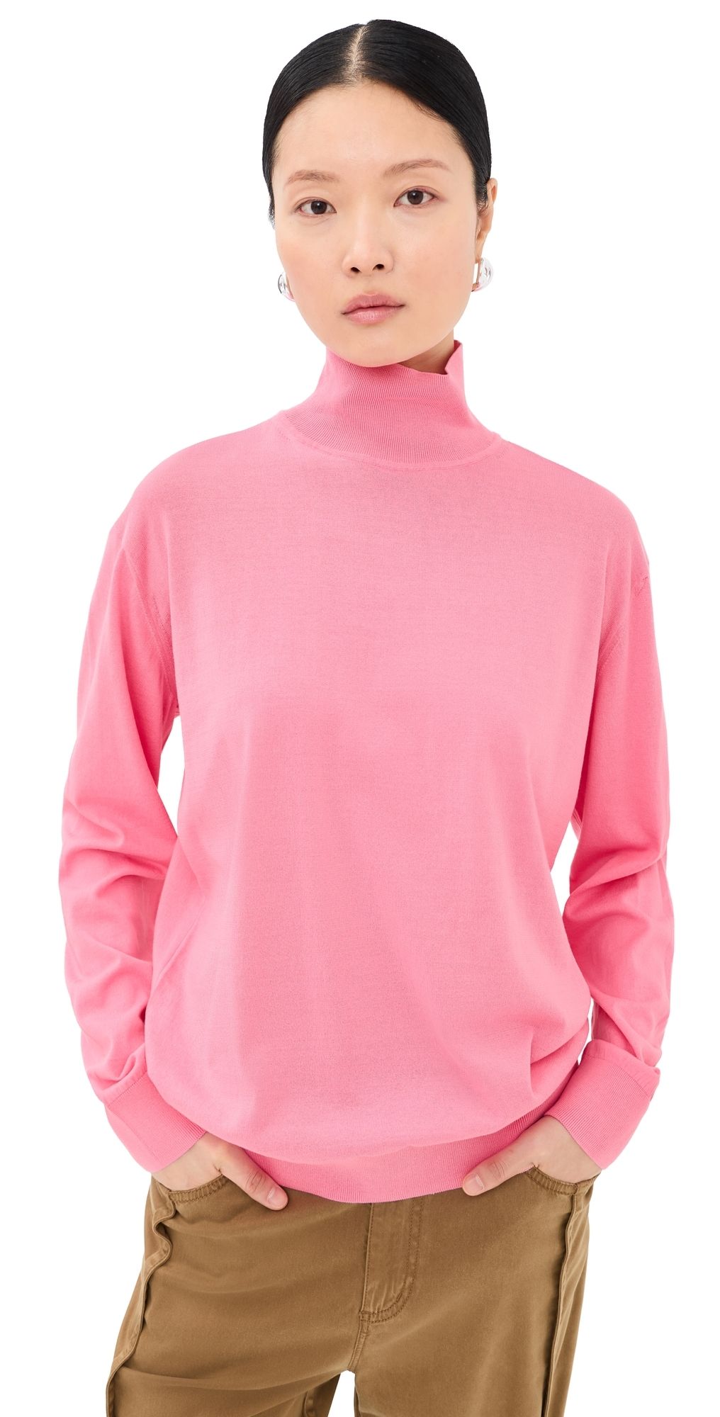 Tibi Super Fine Gauge Perfect Turtleneck Pullover Bubble Gum Pink M