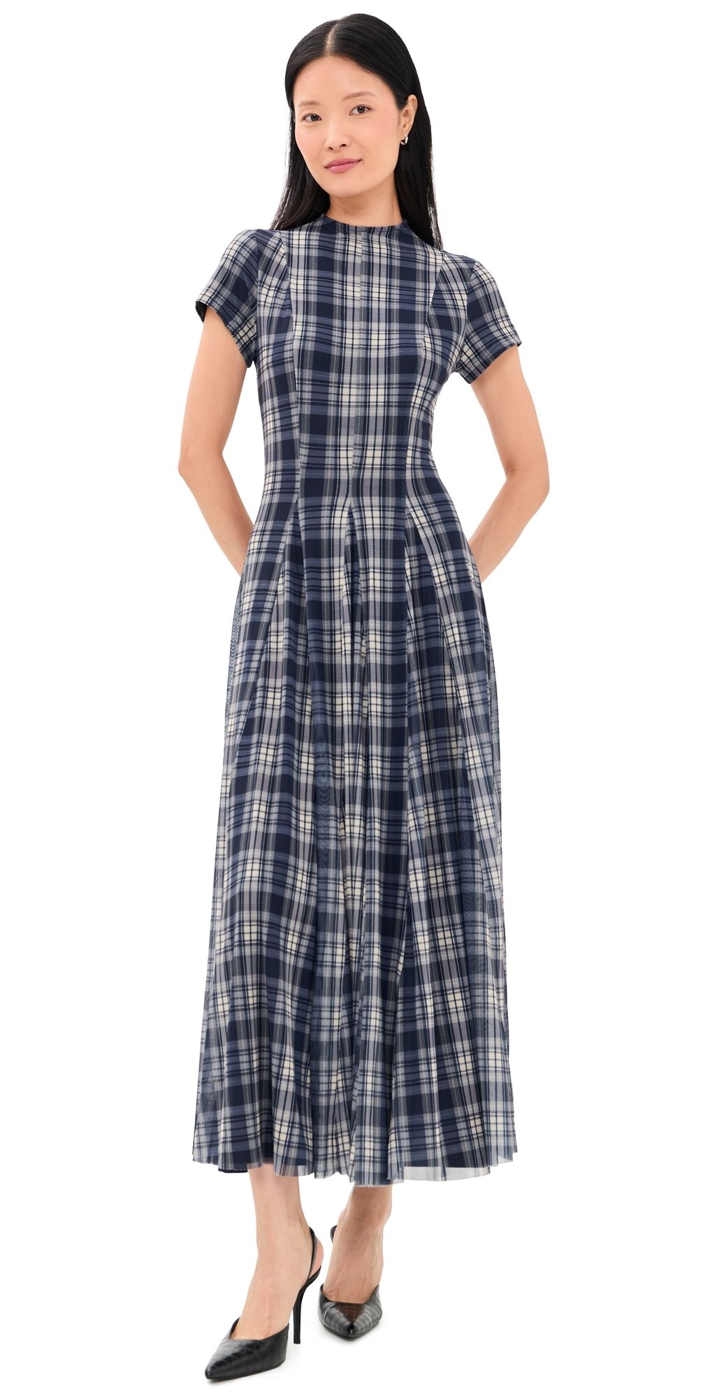 Another Girl Mesh Check Godet Maxi Dress Navy/Cream XS