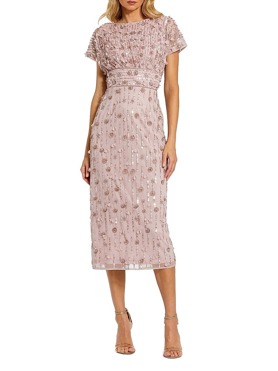 Women's Beaded Tulle Column Midi-Dress - Vintage Lilac - Size 12