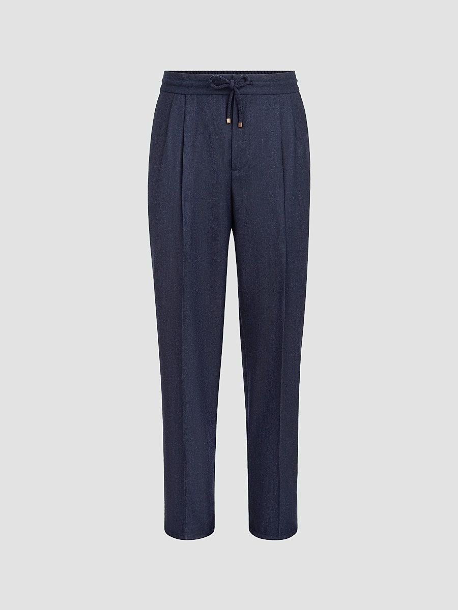 Brunello Cucinelli Men's Virgin Wool Flannel Trousers with Drawstring and Double Pleats - Marine Blue - Size 48