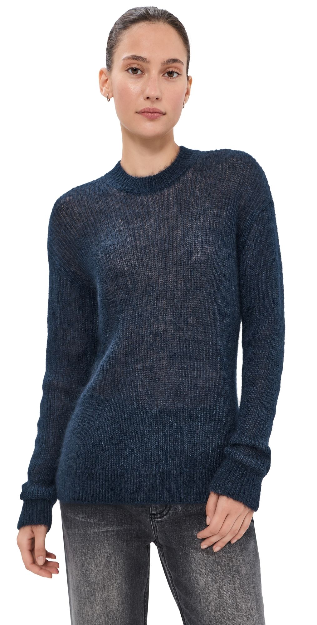 Tibi Silk Super Kid Mohair Crewneck Easy Pullover Navy L