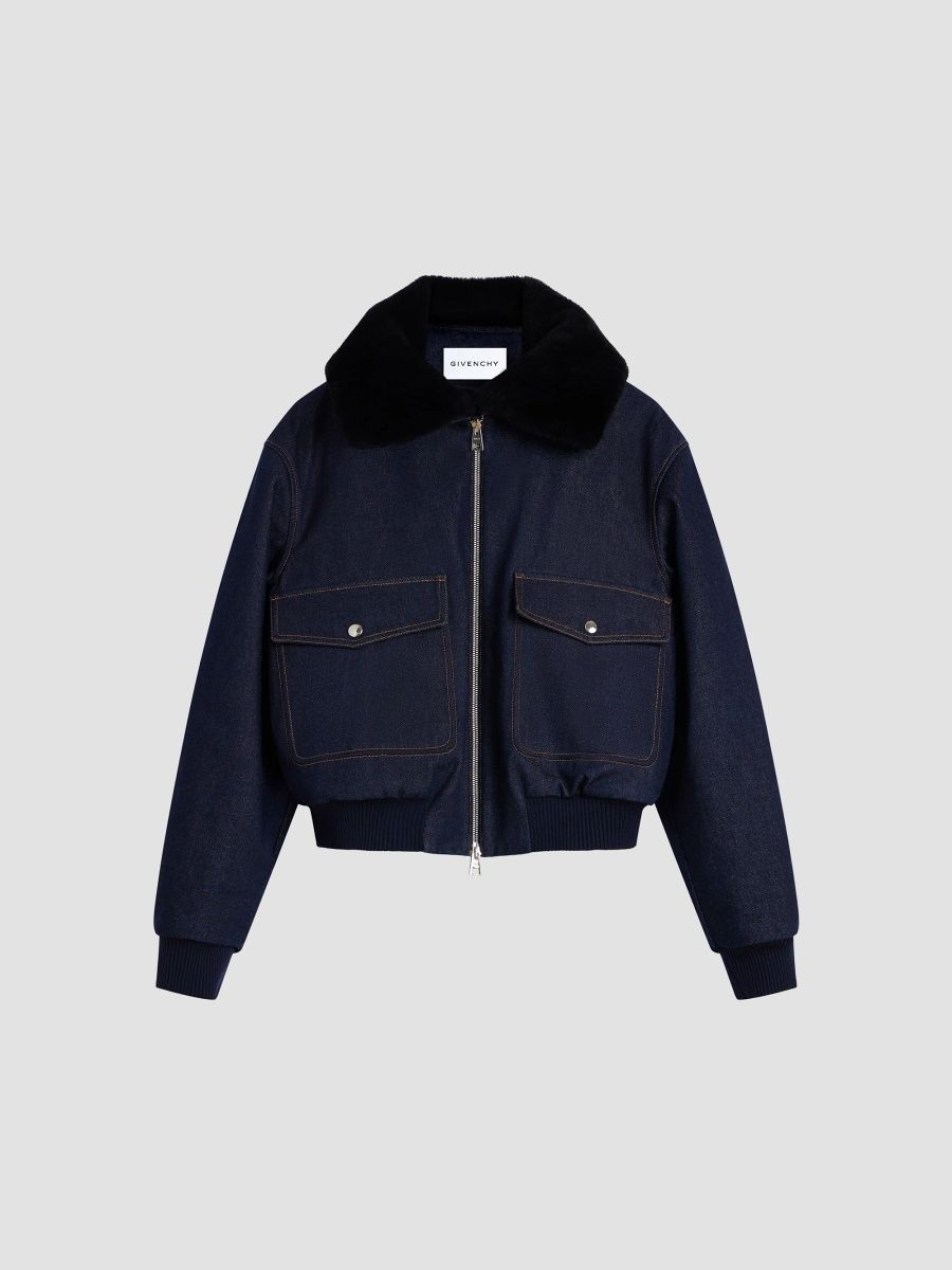 Givenchy Women's Shearling Collar Denim Blouson - Dark Blue - Size 10