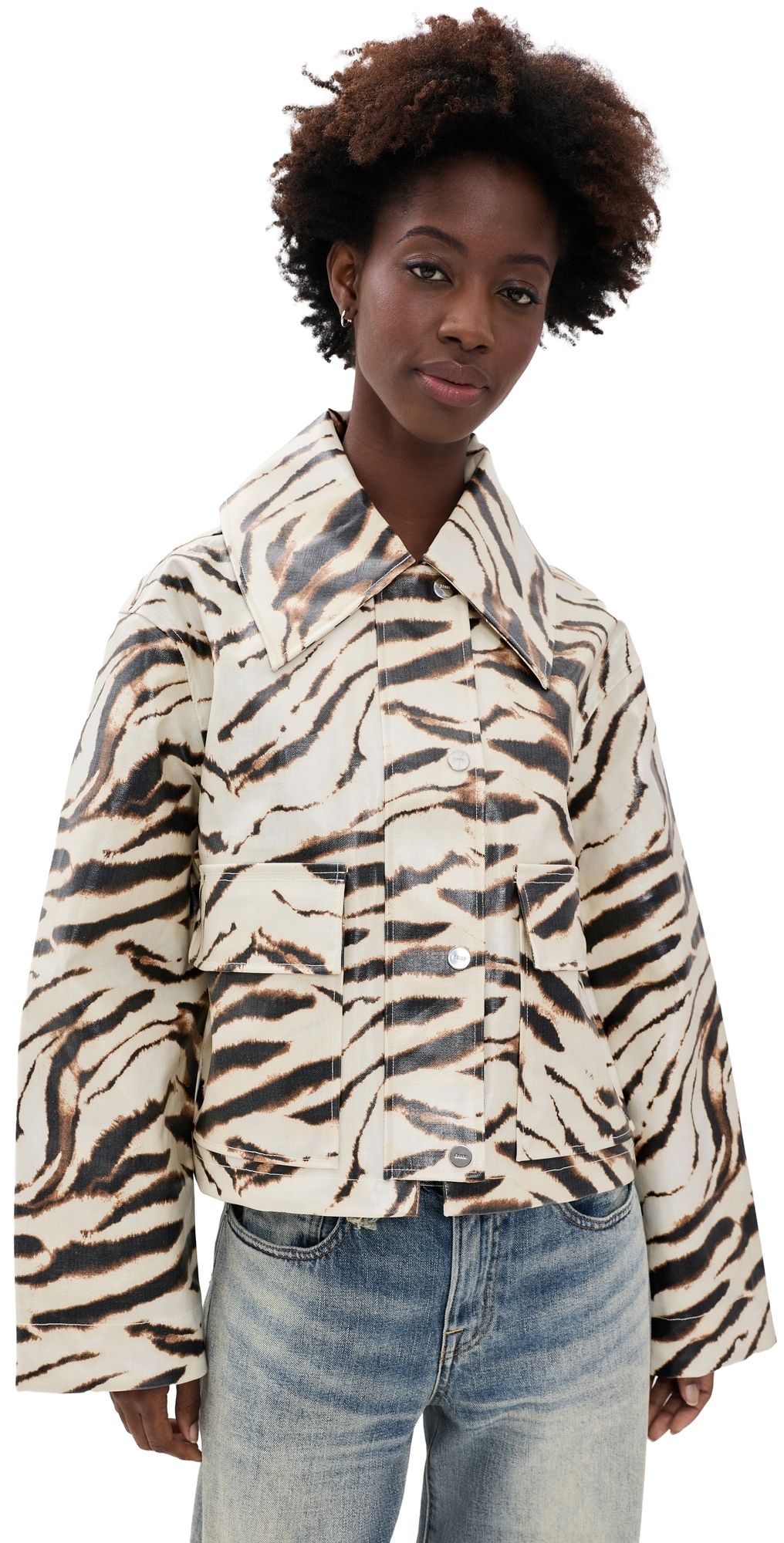 GANNI Printed Laminated Cotton Canvas Barn Jacket Egret XS/S