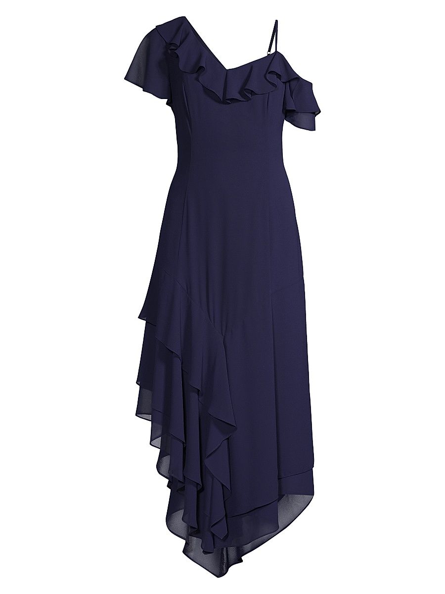 Women's Asymmetric Ruffle Midi-Dress - Navy - Size 16