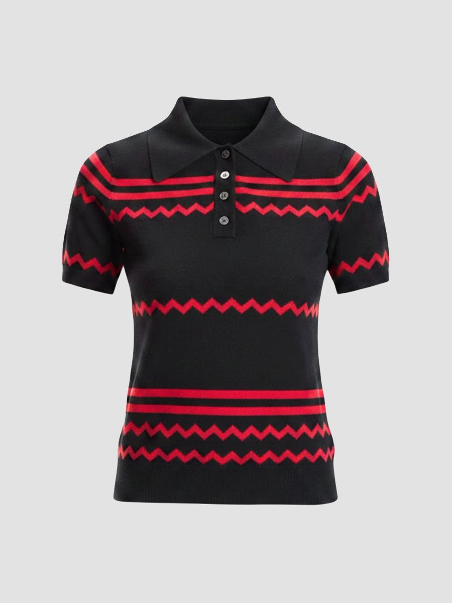 Cynthia Rowley Women's Ziggy Striped Knit Polo Sweater - Black Red - Size XS