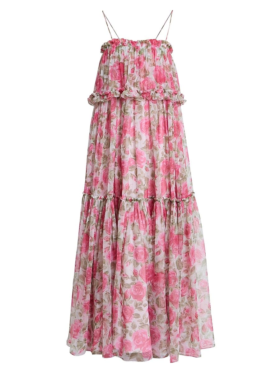 Women's Ruffled Floral Silk Georgette Maxi Dress - White Pink - Size 6