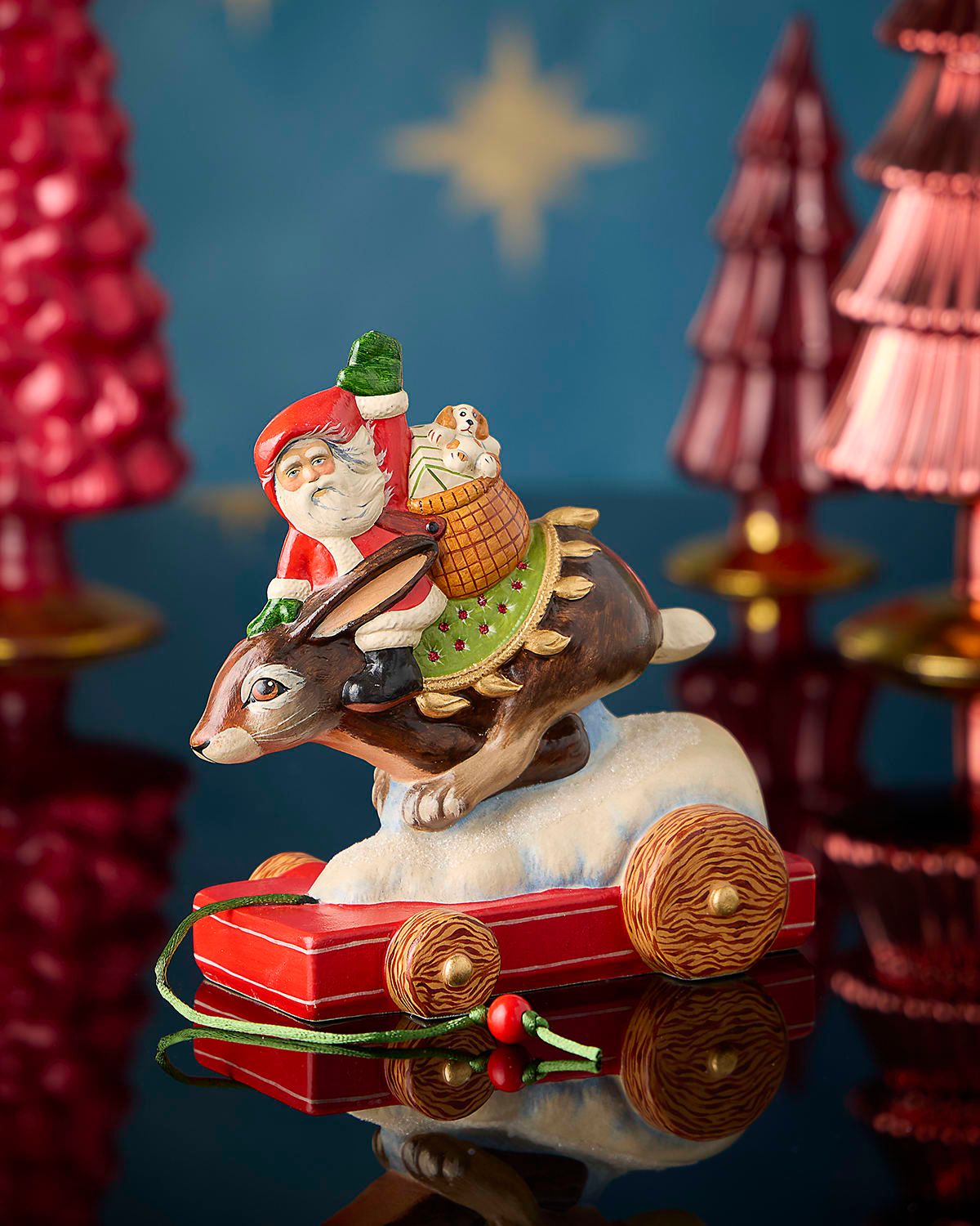 Santa on Rabbit Pull Toy Christmas Figurine