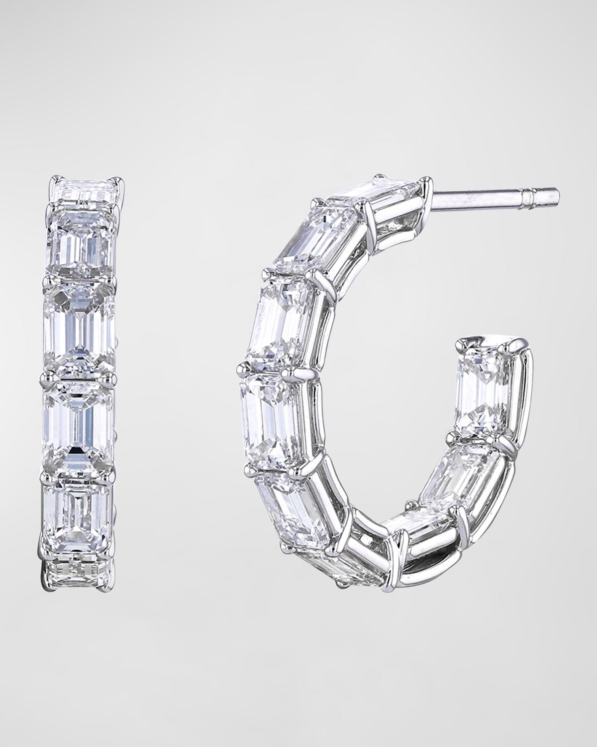 18K Gold North-South Emerald-Cut Diamond Hoop Earrings, 5.95tcw/0.75"L