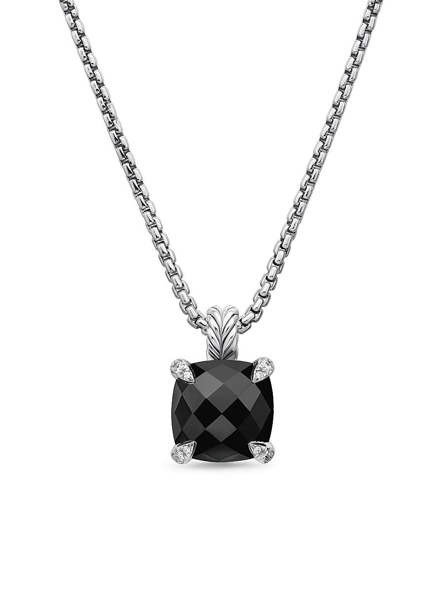 Women's Chatelaine Pendant Necklace in Sterling Silver with Black Onyx and Diamonds, 11MM - Black Onyx - Size 18
