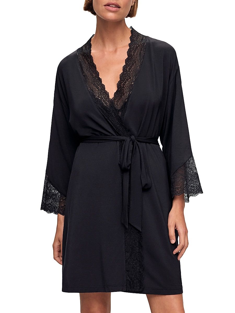 Women's Lace-Trimmed Jersey Kimono-Inspired Robe - Black - Size XL