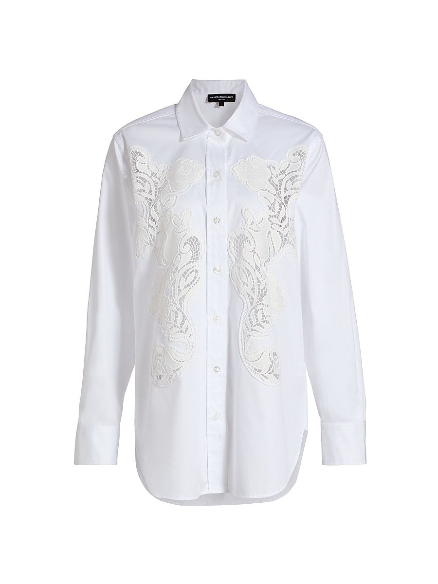 Women's Bruno Lace Poplin Button-Up Shirt - White - Size Medium