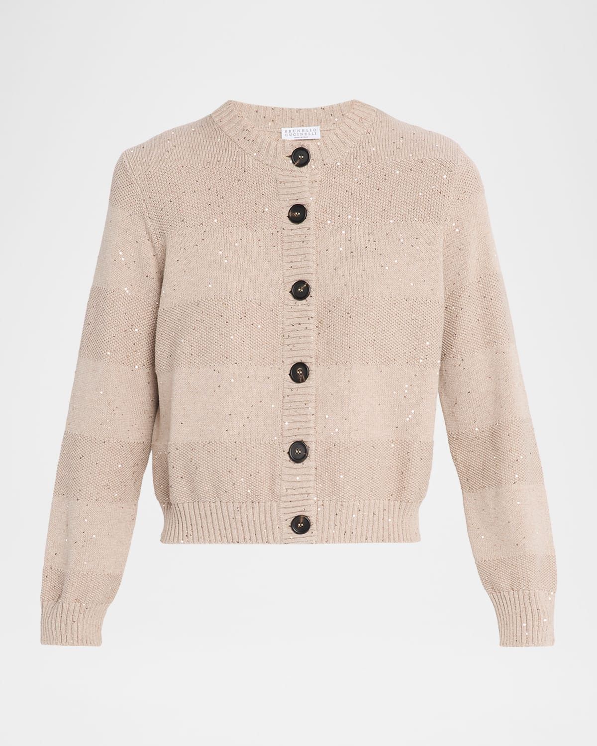 Pailette Striped Knit Crewneck Cardigan