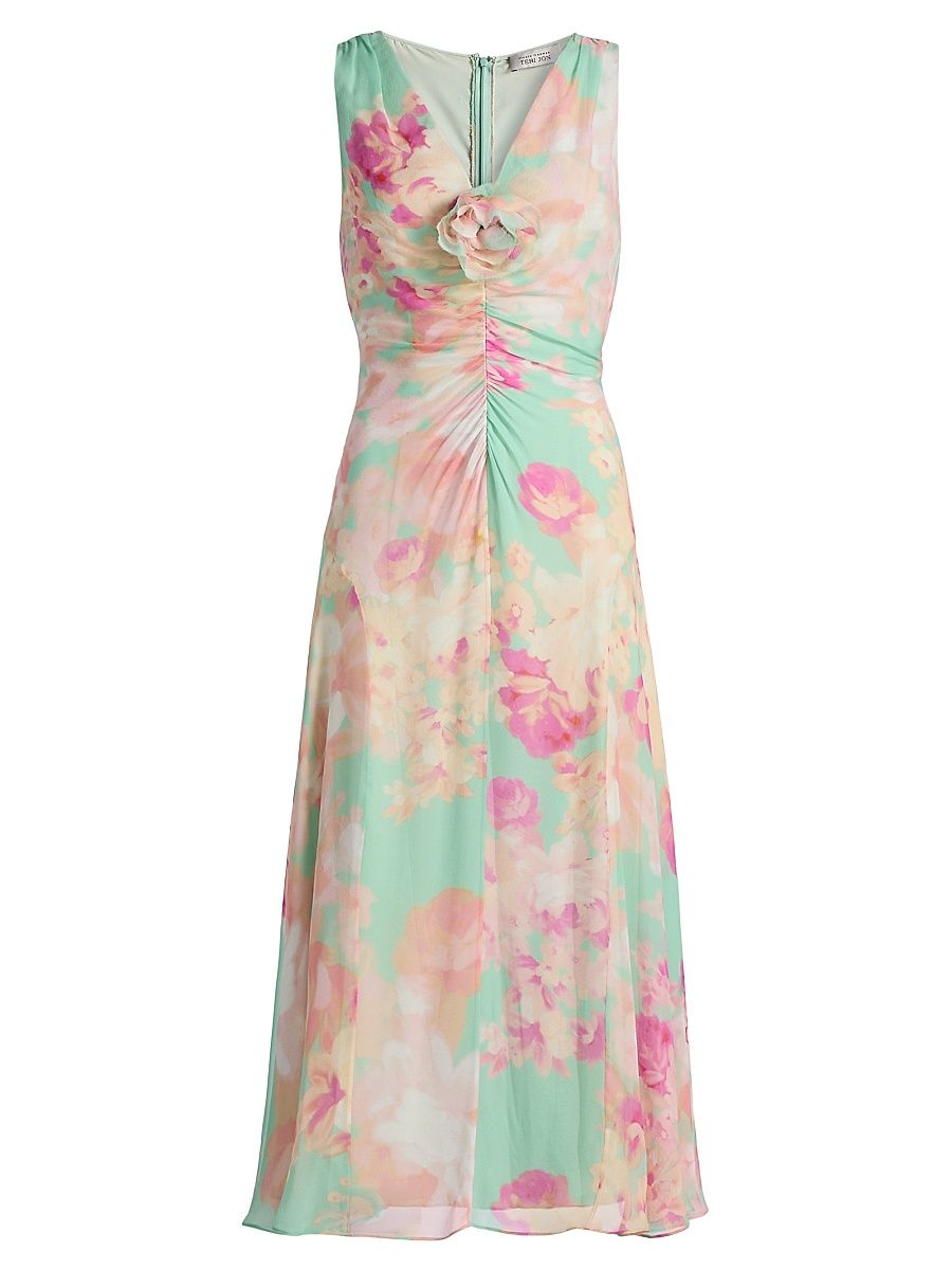 Women's Silk Chiffon Ruched-Front Midi-Dress - Mint Multi - Size 18