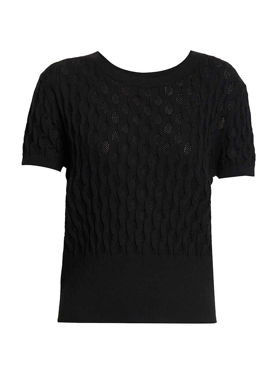 Women's Target Cable-Knit Wool Short-Sleeve Sweater - Black - Size Large