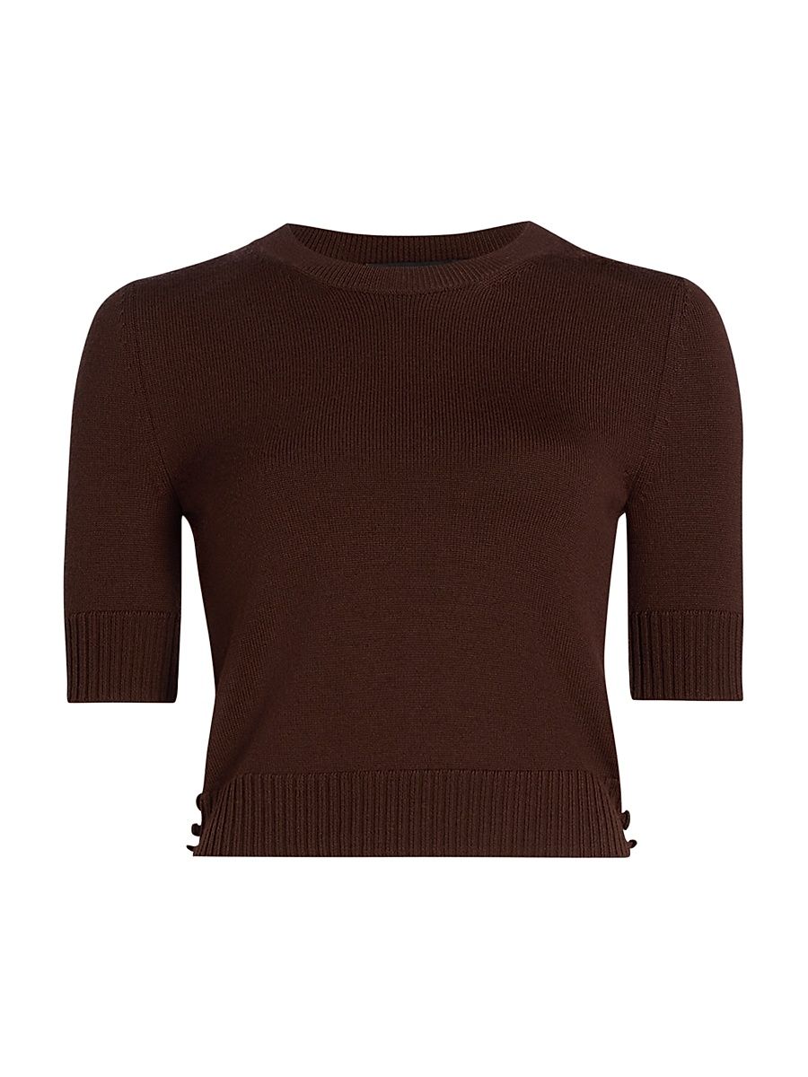 Women's Ribbed-Trim Wool Three-Quarter-Sleeve Sweater - Mahogany - Size XL