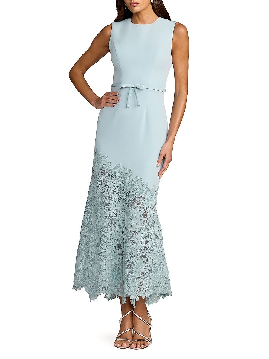 Women's Guipure Lace Crepe Trumpet Midi-Dress - Powder Blue - Size 14