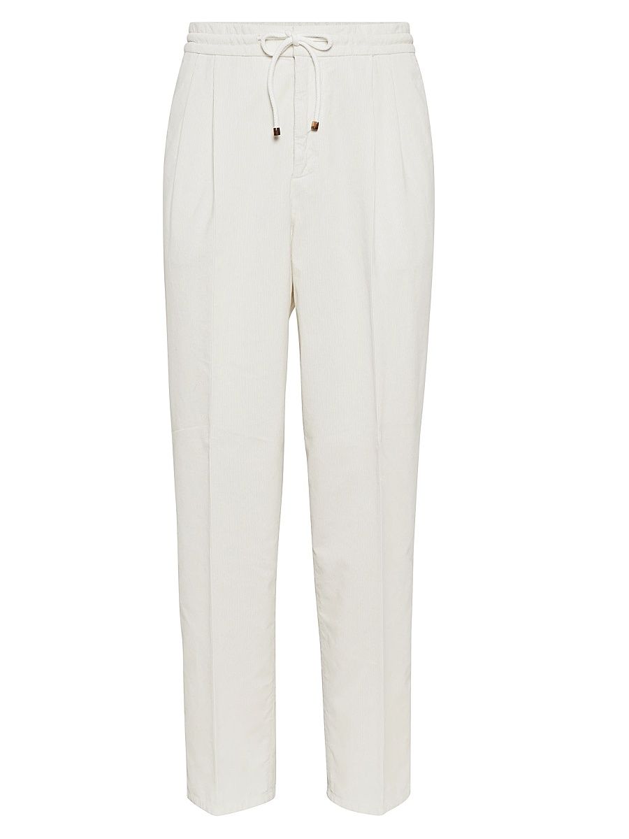 Men's Garment Dyed Leisure Fit Trousers with Drawstring and Double Pleats - Ecru - Size 48