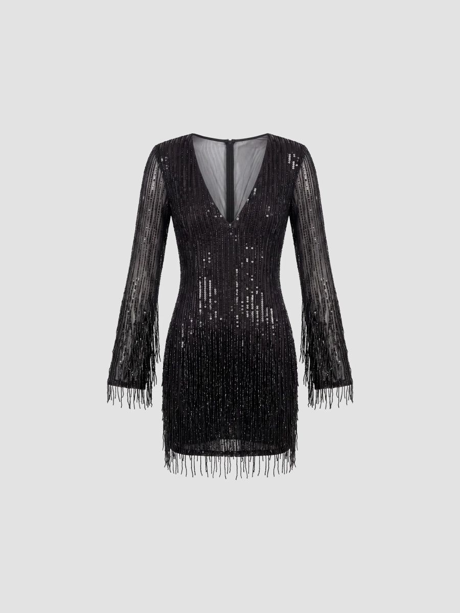 Mac Duggal Women's Sequined Fringed Mini Dress - Black - Size 14