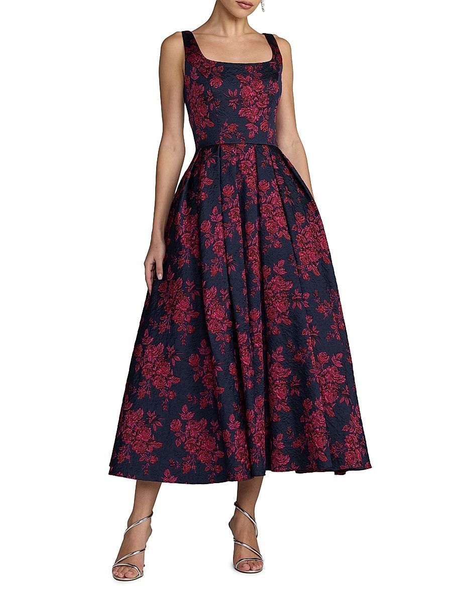 Women's Floral Brocade Tea-Length Cocktail Dress - Fuchsia Multi - Size 16