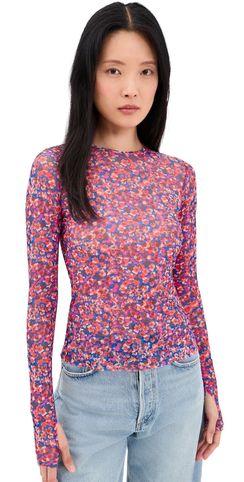 AFRM Nina Mesh Blouse Cobalt Ditsy M