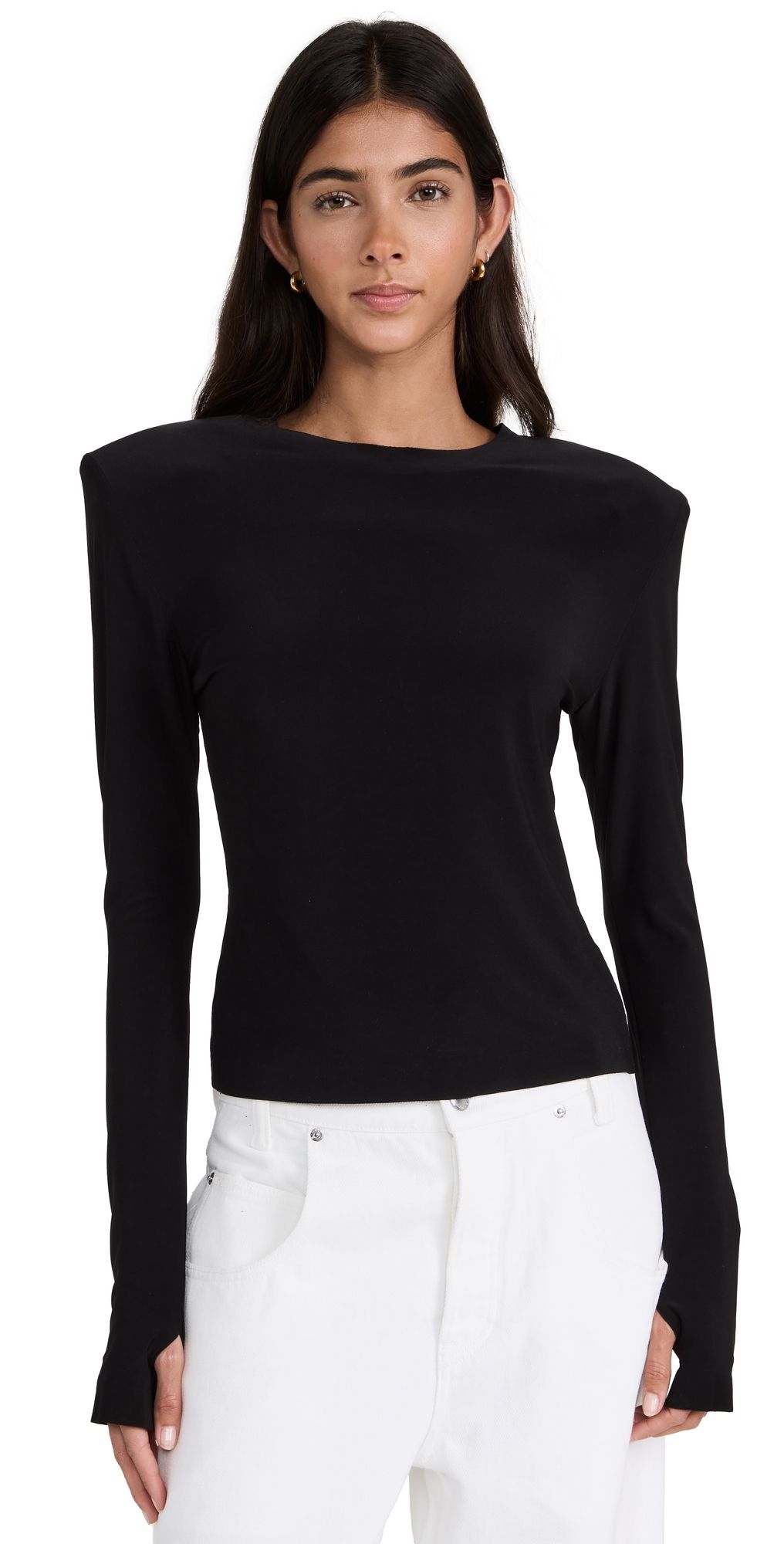 Norma Kamali Shoulder Pad Long Sleeve Crew Top Black M