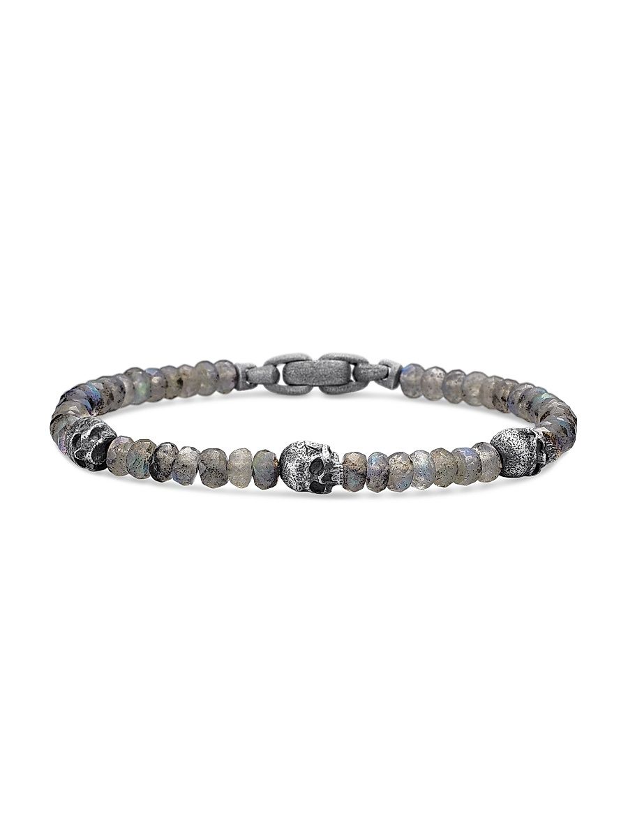 Men's Memento Mori Skull Station Bracelet in Sterling Silver - Labradorite - Size Large
